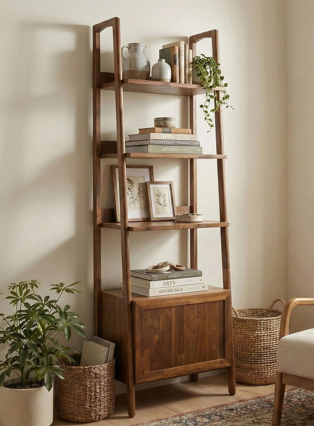 Bibliothèque Remix en bois massif d'acacia avec quatre étagères et rangement fermé au style Mid-century.