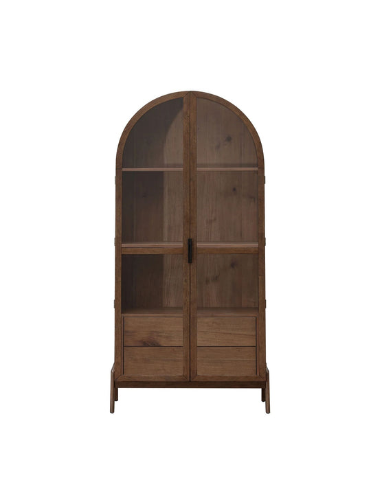 Découvrez le vaisselier Remix, un meuble élégant avec portes en verre, trois étagères et deux tiroirs.