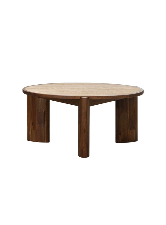 Découvrez la table à café ronde Remix, avec plateau effet pierre et structure robuste en bois d'acacia.