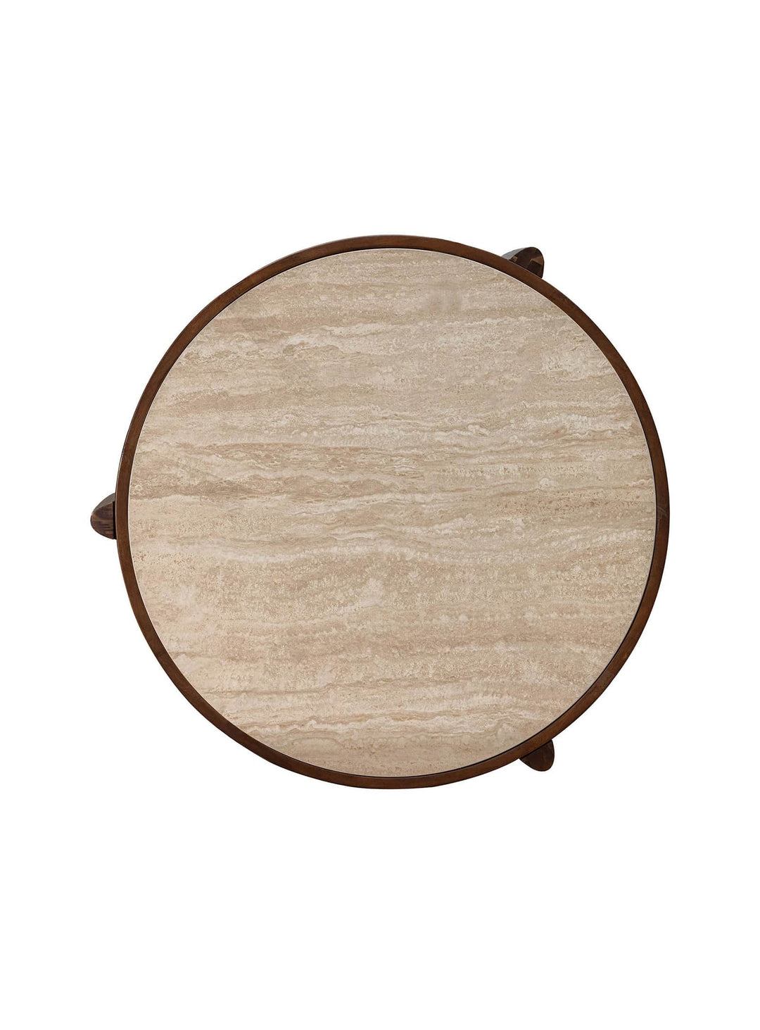 Table à café ronde Remix avec plateau en travertine céramique, facile d'entretien, et pieds en acacia.