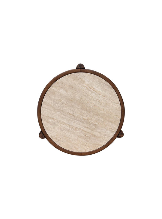 Table d'appoint ronde Remix au design épuré avec plateau beige effet travertin et pieds en bois d'acacia.