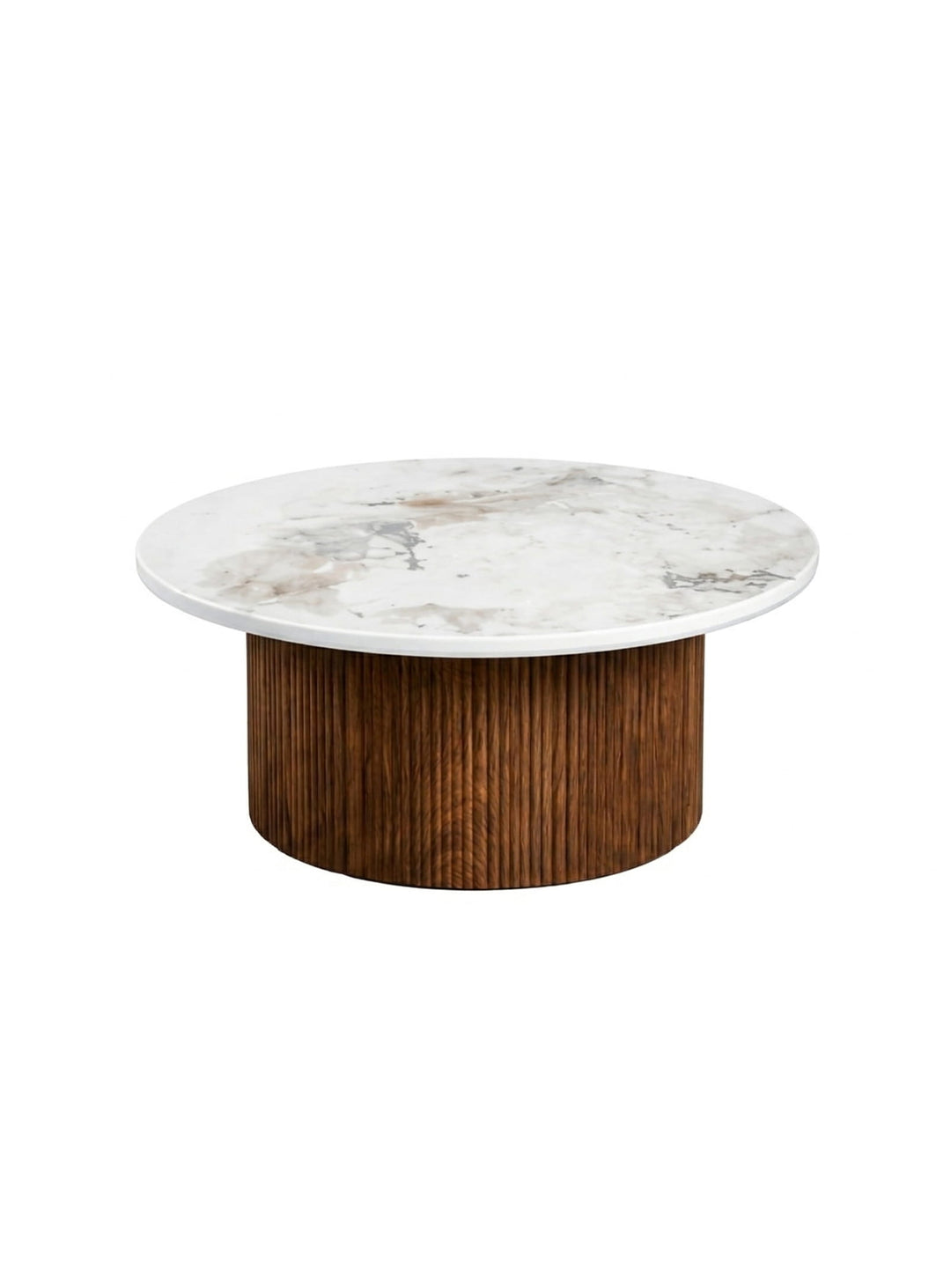 Table à café Roman, une pièce centrale élégante au design rond, sculptural et intemporel. noyer