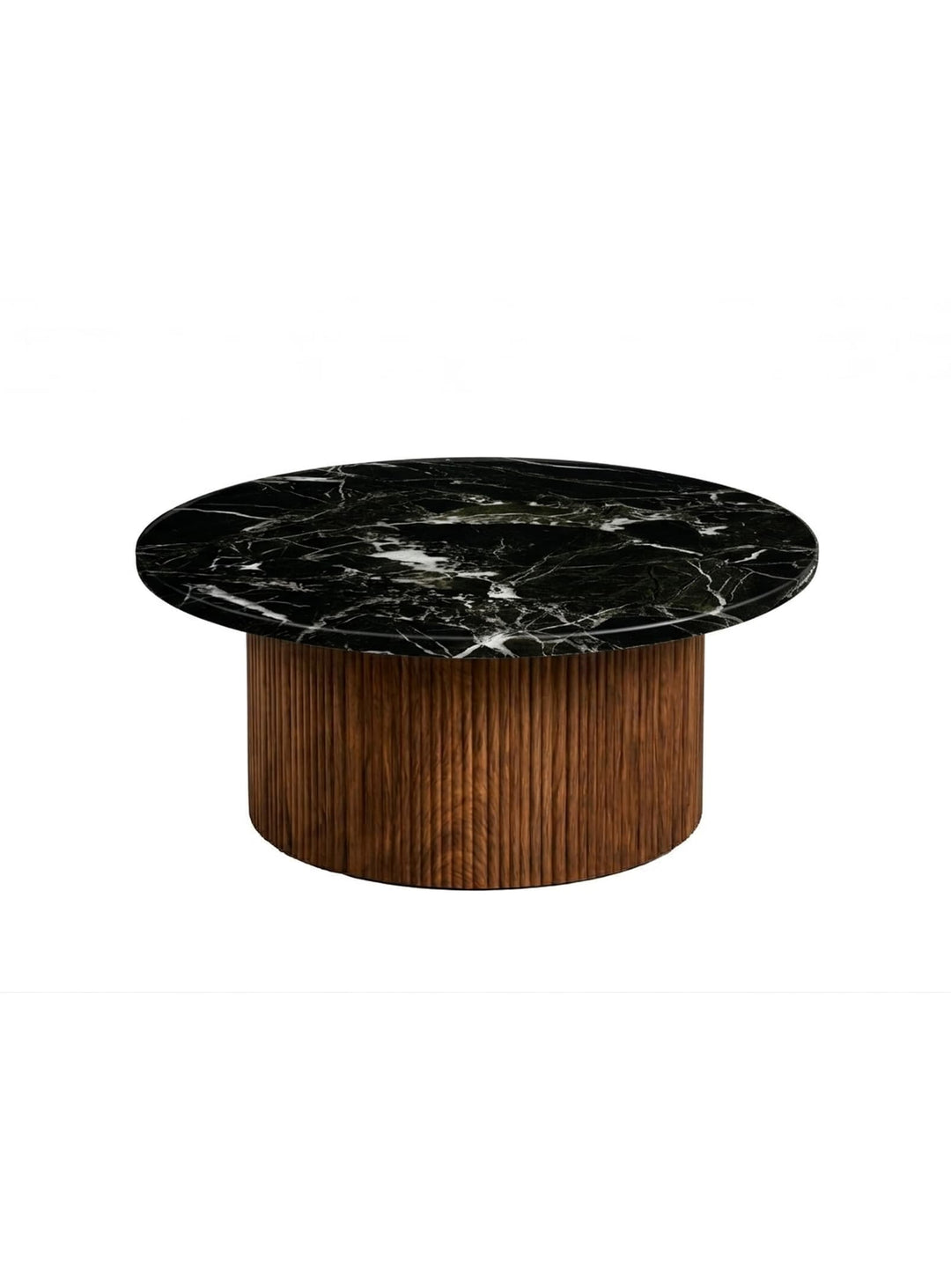 Table à café Roman, une table ronde au piétement noir ou noyer pour un salon moderne et chaleureux. noyer