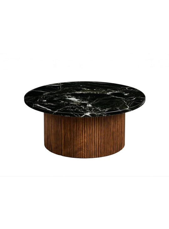 Table à café Roman, une table ronde au piétement noir ou noyer pour un salon moderne et chaleureux. noyer