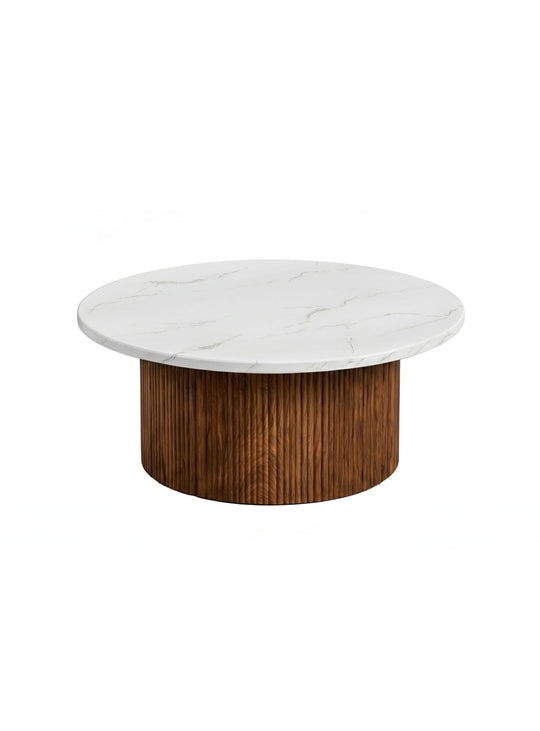 Table à café Roman, un modèle raffiné avec base cannelée et grand plateau rond effet pierre naturelle. noyer