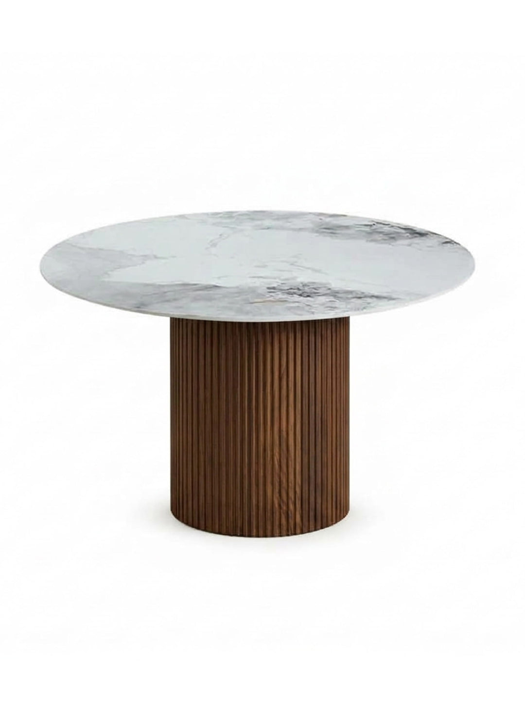 Table à dîner Roman, un modèle contemporain avec plateau effet pierre naturelle et base cannelée. noyer