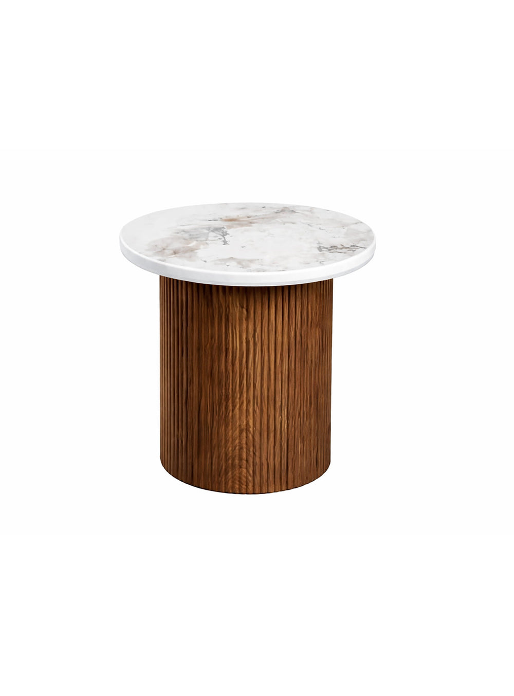 Table d’appoint Roman, une table ronde au piétement texturé et au plateau en céramique raffiné. noyer