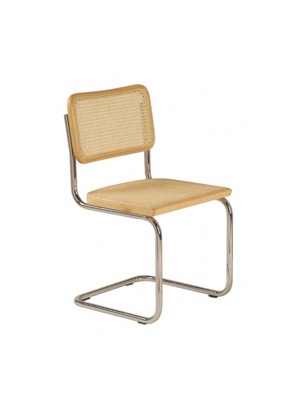 Chaise à dîner S32, structure en acier chromé et cannage naturel.