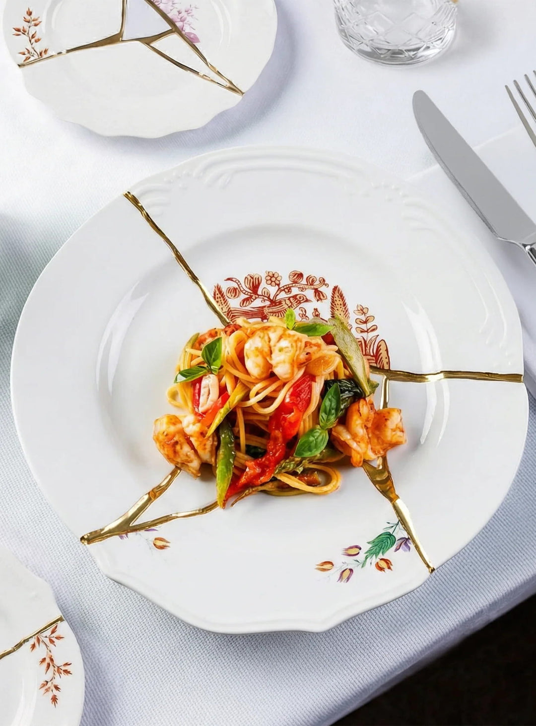 Assiette à dîner Kintsugi Seletti en porcelaine blanche rehaussée d'élégantes lignes dorées. 01