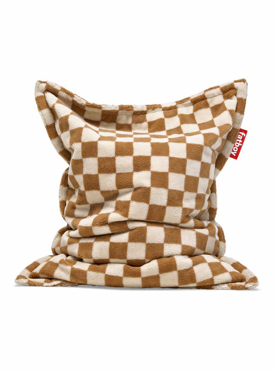 Pouf Slim Teddy Chess doux et chaleureux, design audacieux à carreaux. amande et crème