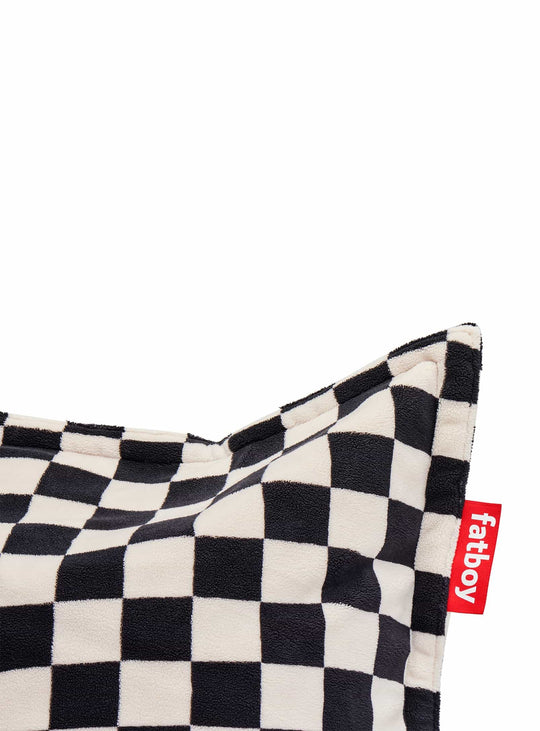 Pouf Slim Teddy Chess en peluche ultra-douce, style moderne et ludique. noir et écru