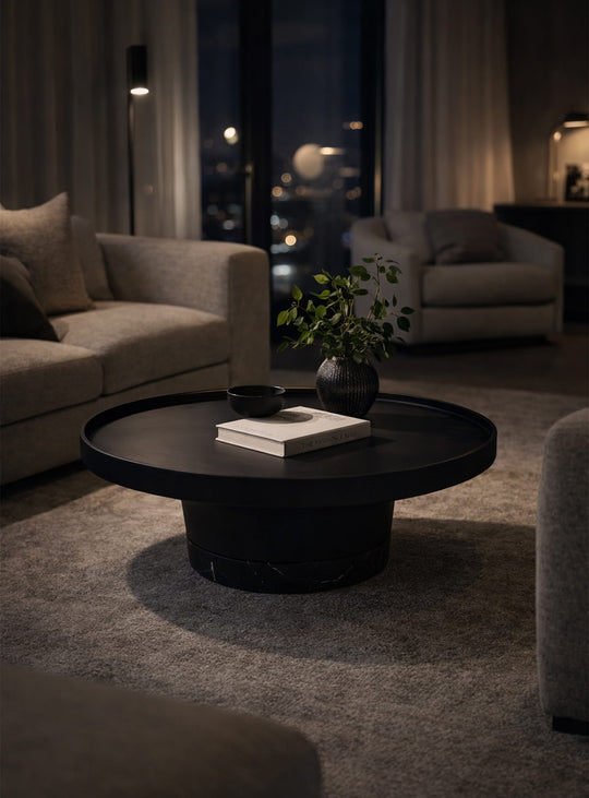 Table à café ronde Spacer en marbre Nero Marquina et aluminium noir mat.