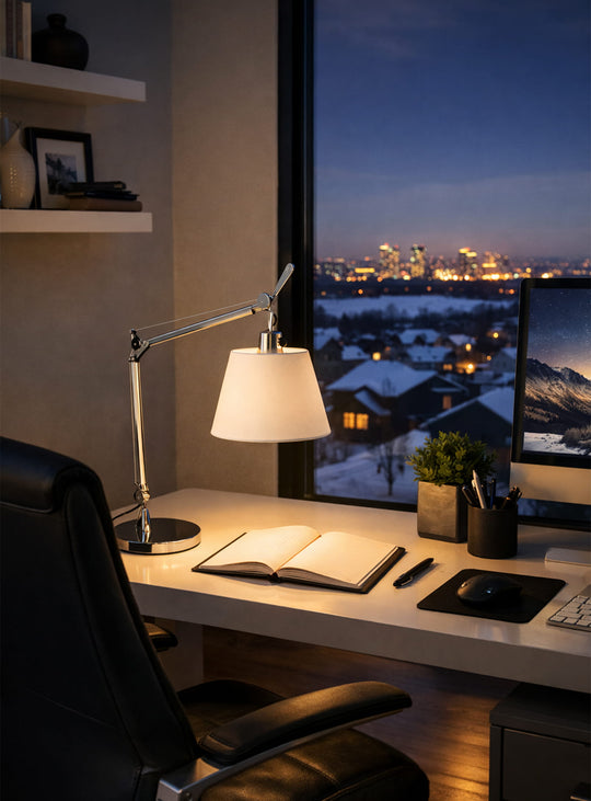 Lampe Tolo, bras réglables et style raffiné pour bureau ou salon.
