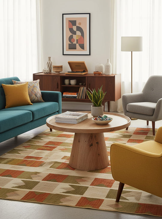 Table à café Troy : design en chevrons, piètement conique et finitions noir, noyer ou naturel. Élégance et praticité réunies. Naturel