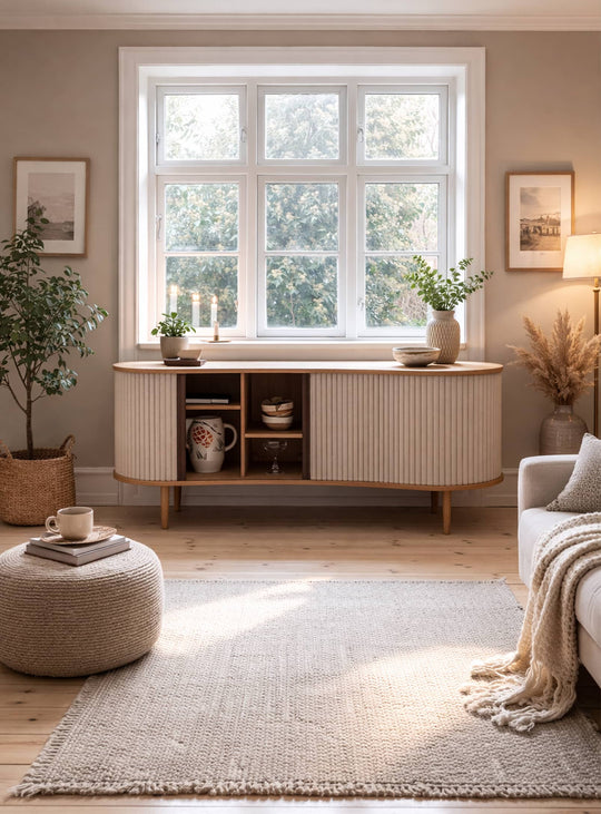 Buffet Audacious de Umage design courbé avec portes tambour en tissu. sable blanc