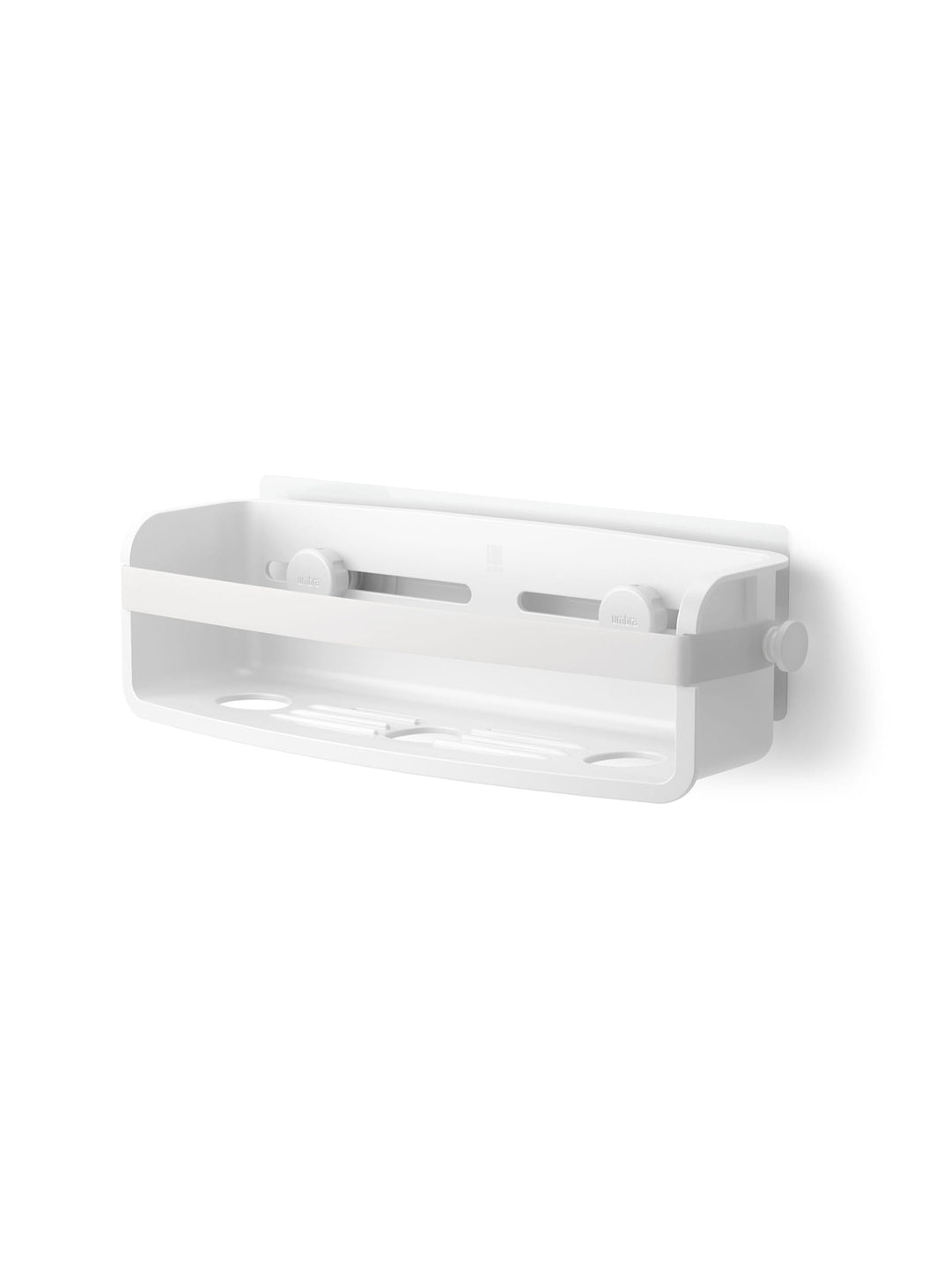 Panier de douche Flex d'Umbra avec fixation sans perçage, crochets intégrés et drainage pour éviter l'eau stagnante. blanc