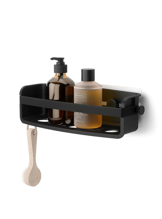 Le panier de douche Flex d'Umbra offre un rangement pratique avec crochets pour organiser tous vos produits de douche. noir