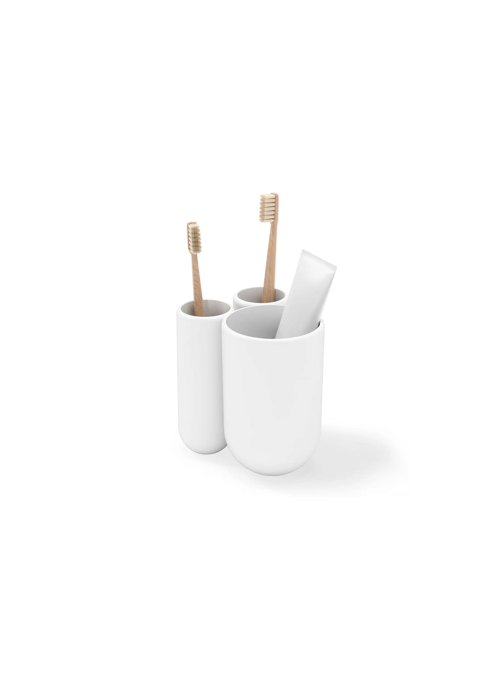 Porte-brosses à dents Touch d'Umbra au design compact avec 3 compartiments pratiques pour la salle de bain.