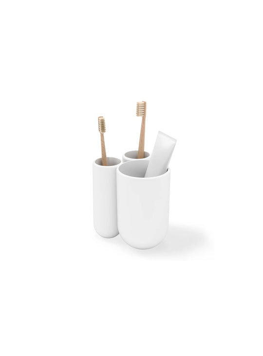 Porte-brosses à dents Touch d'Umbra au design compact avec 3 compartiments pratiques pour la salle de bain.