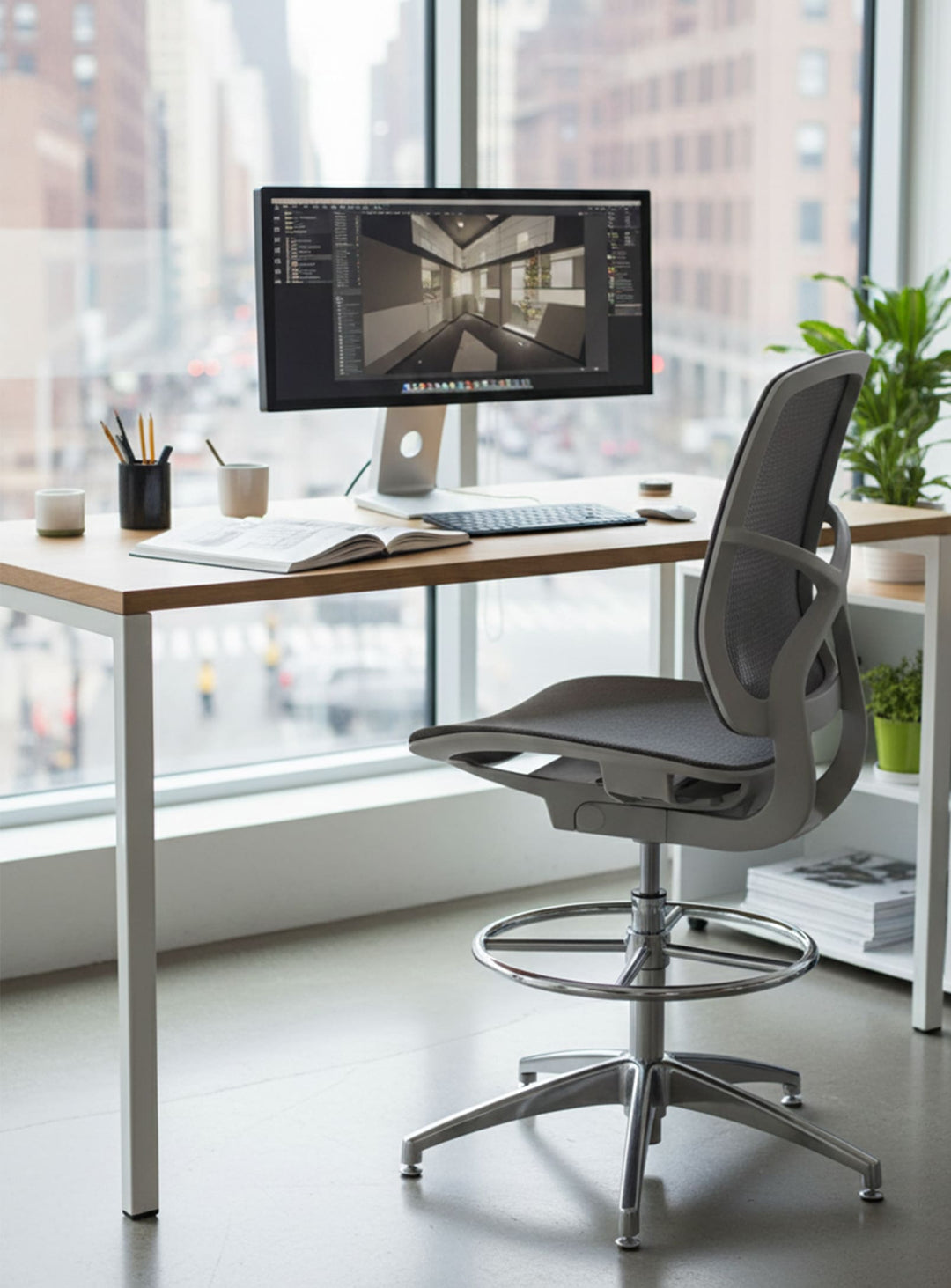Tabouret de bureau X, design moderne avec dossier en forme de X.