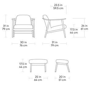 Baltic, fauteuil et ottoman en cuir ou en tissu par Gus* Modern, dimensions