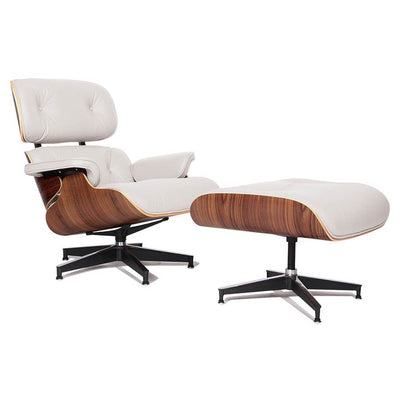 Classique du design - 20ème siècle Lounge, fauteuil et ottoman, en cuir et placage de bois, noyer / blanc
