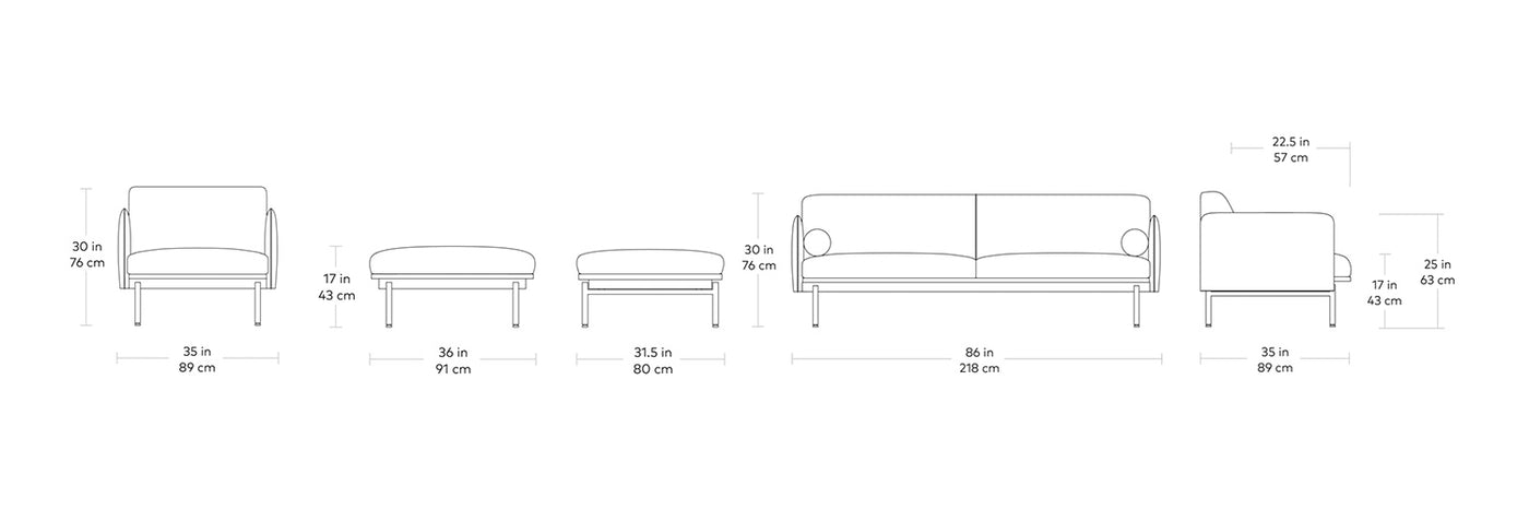 Foundry, sofa et fauteuil par Gus* Modern, dimensions