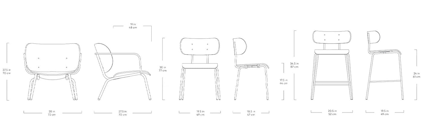 Bantam, chaises et tabourets par Gus* Modern, dimensions