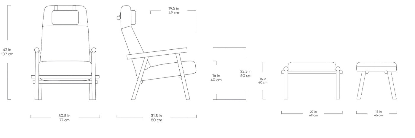 Labrador, fauteuils et ottomans en tissu par Gus* Modern, dimensions