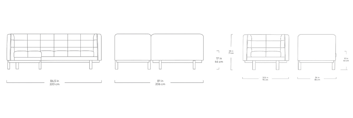 Mulholland, fauteuil et sofa sectionnel, en tissu, par Gus* Modern, dimensions