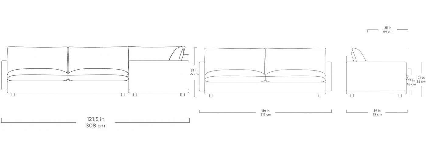 Gus* Modern Sola, sofa et sofa bi-sectionnel confortable, en bois et tissu, dimensions