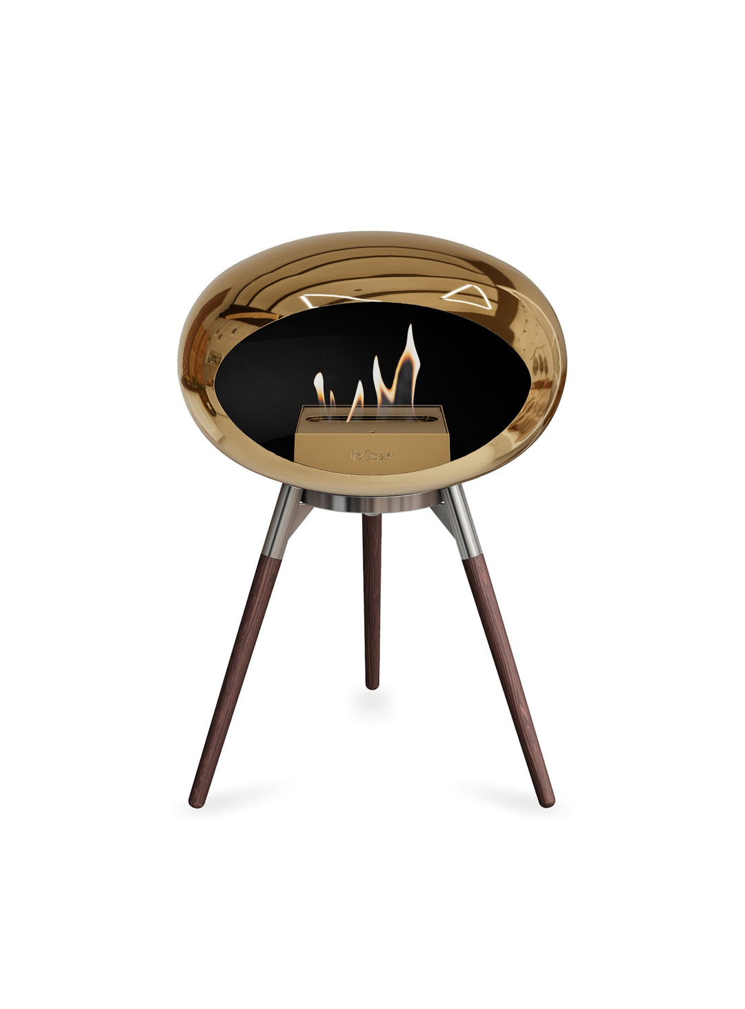 Foyer design Ground Low Dome Le Feu : feu pur et reflets dorés.