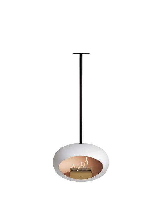 Le Feu Sky Dome blanc : cheminée suspendue design pour plafond cathédrale.