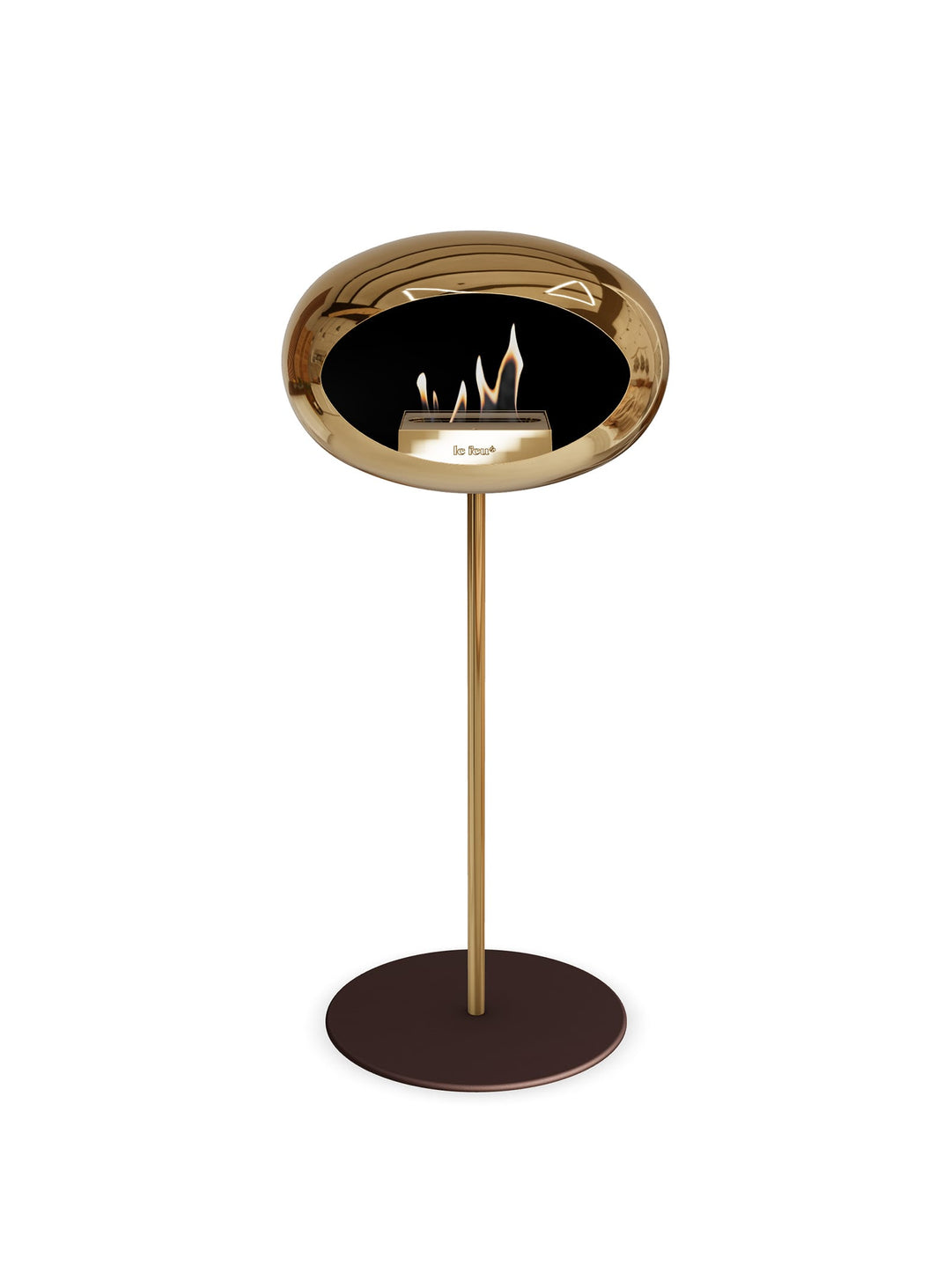 High Dome en or rose chromé de Le Feu : cheminée autoportante chaleur réelle.