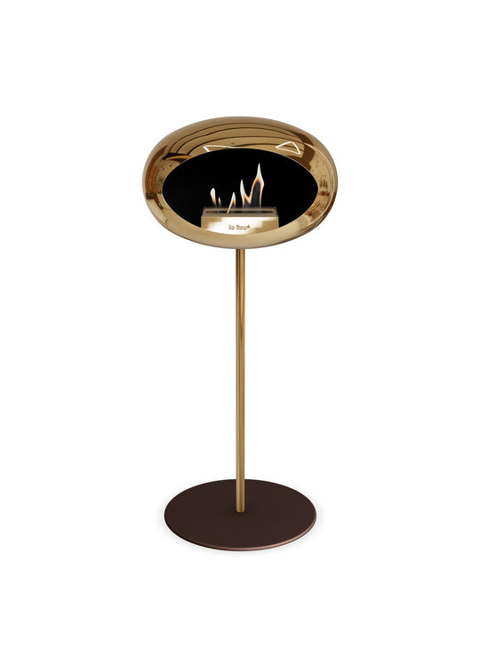 High Dome en or rose chromé de Le Feu : cheminée autoportante chaleur réelle.