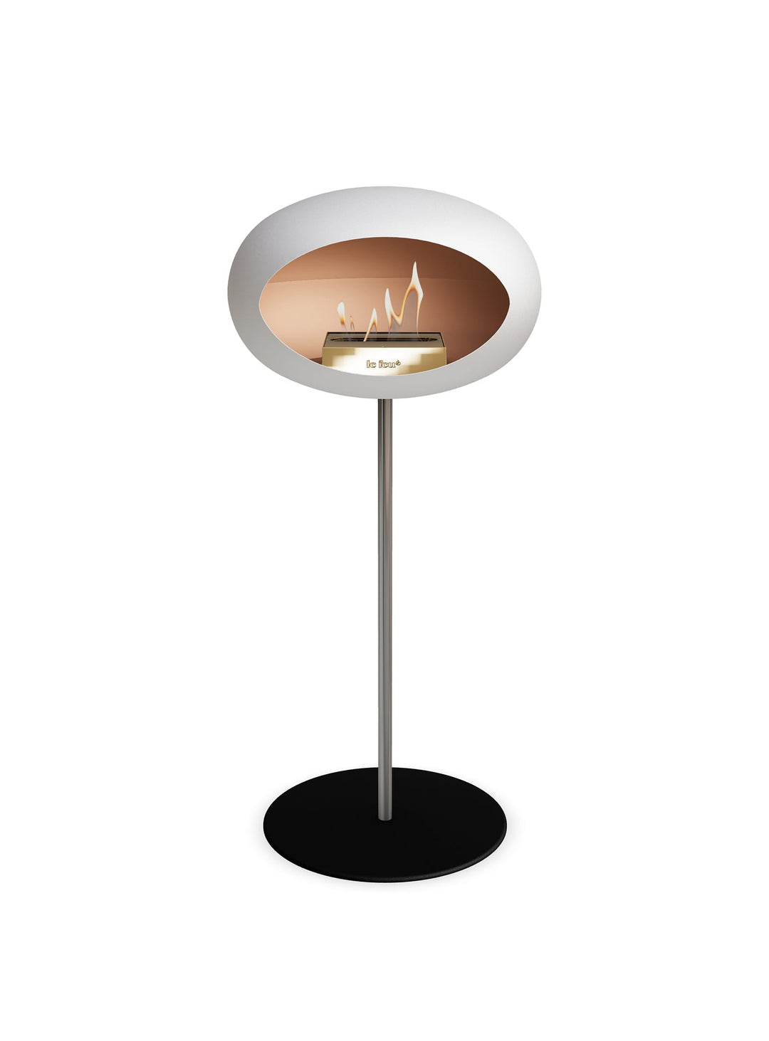 Le Feu High Dome blanc : cheminée autoportante sans fumée ni conduit.