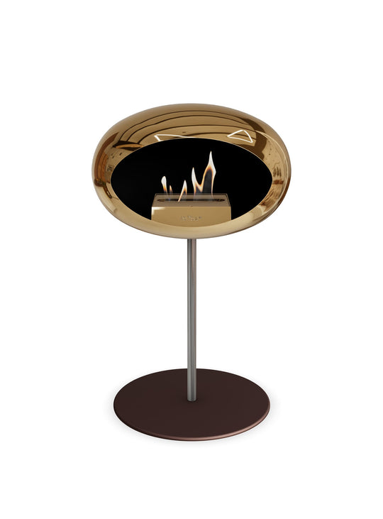 Le Feu Low Dome en or rose : cheminée autoportante idéale condo chic.