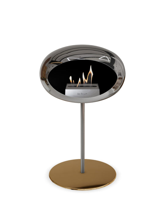 Foyer bioéthanol Le Feu Low Dome argent : feu pur et éclat miroir.