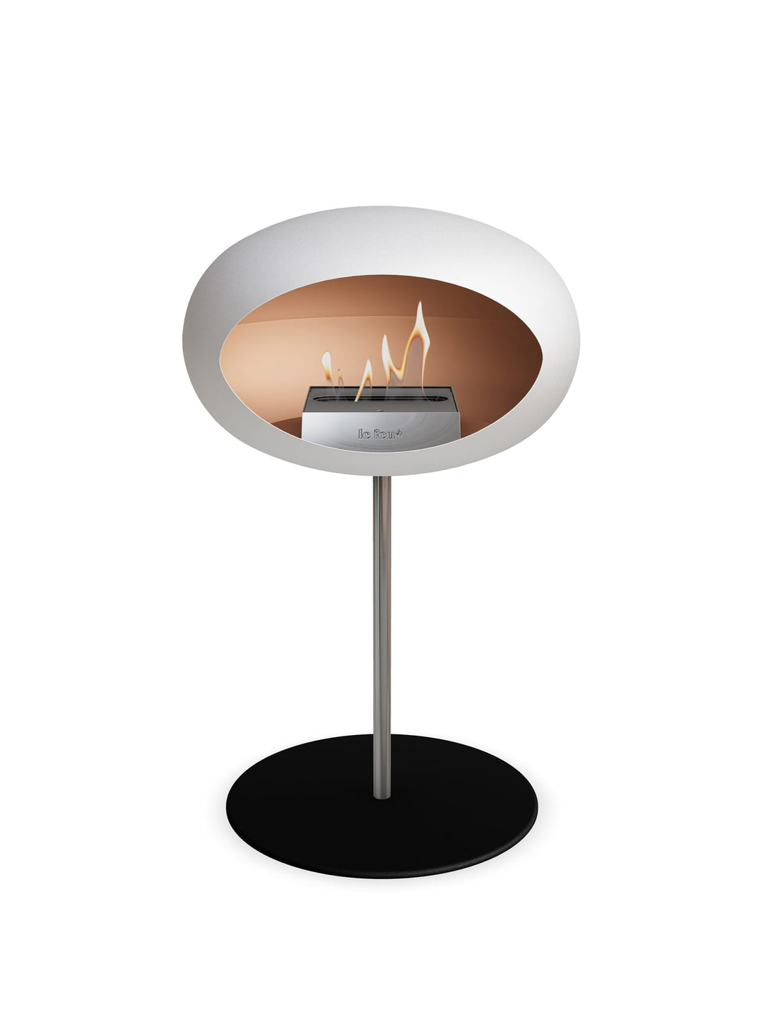 Le Feu Low Dome en blanc : cheminée autoportante chaleur authentique.