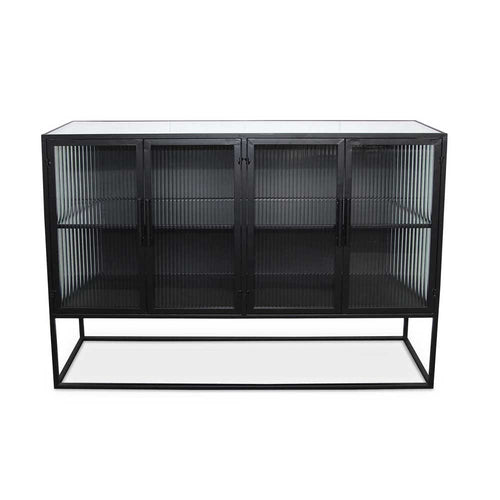 Moe's Home Collection Tandy, cabinet avec 4 espaces de rangement, en fer et verre strié, noir