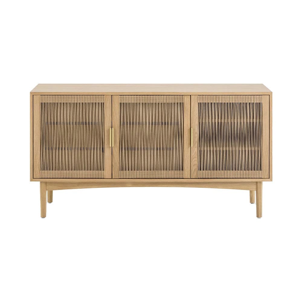 Commode Lumina : esthétique et qualité inégalées. Un meuble en bois au charme unique avec des portes façonnées à la corde et des poignées en laiton sophistiquées.