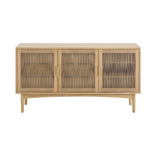 Commode Lumina : esthétique et qualité inégalées. Un meuble en bois au charme unique avec des portes façonnées à la corde et des poignées en laiton sophistiquées.