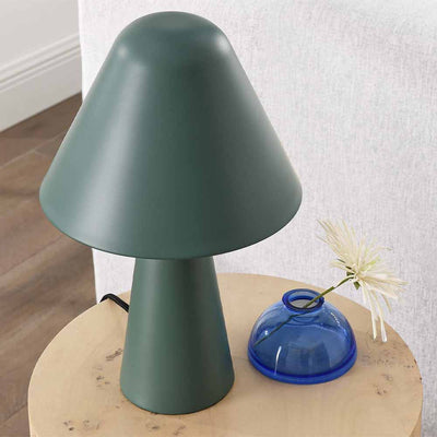 Lampe de table Jovial : abat-jour champignon pivotant, idéal pour la lecture. Lueur chaleureuse, finition blanche mate. Socle stable en feutre noir.