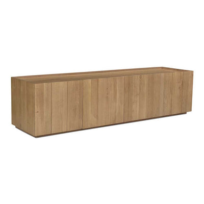 Solide et durable : le meuble TV Plank de Moe's en chêne massif offre une esthétique naturelle avec ses nœuds et grains de bois uniques. Une beauté authentique pour votre espace.