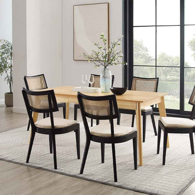 Table de salle à manger Oracle : une toile neutre pour votre style. Design épuré Mid-century Modern, pieds en bois effilés pour sophistication et stabilité. Idéale pour des repas conviviaux.
