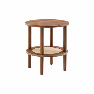 Loras : table d'appoint moderne-rustique. Design circulaire, finition grain de bois, panneaux de particules et MDF. Robuste avec pieds droits et ronds, ajoutant élégance à tout espace.