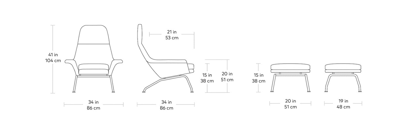 Tallinn, fauteuils et ottomans en tissu par Gus* Modern, dimensions