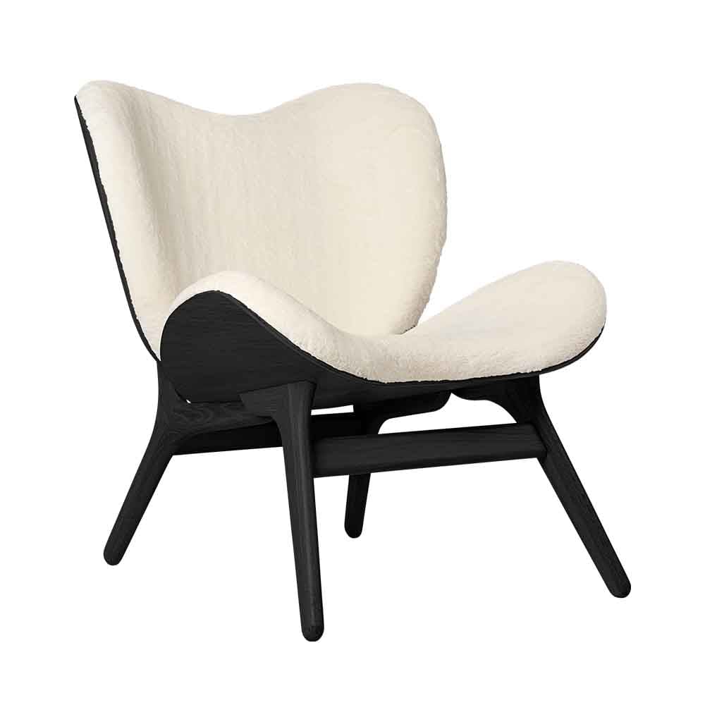 Umage A Conversation Piece Low, fauteuil confortable avec dossier bas, en bois et tissu, chêne noir, blanc teddy
