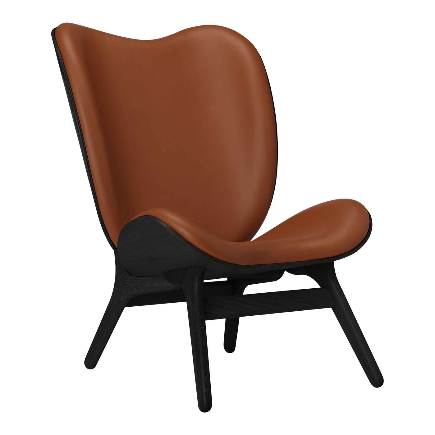 Umage A Conversation Piece Tall, fauteuil confortable avec dossier haut, en bois et tissu, chêne noir, cuir cognac