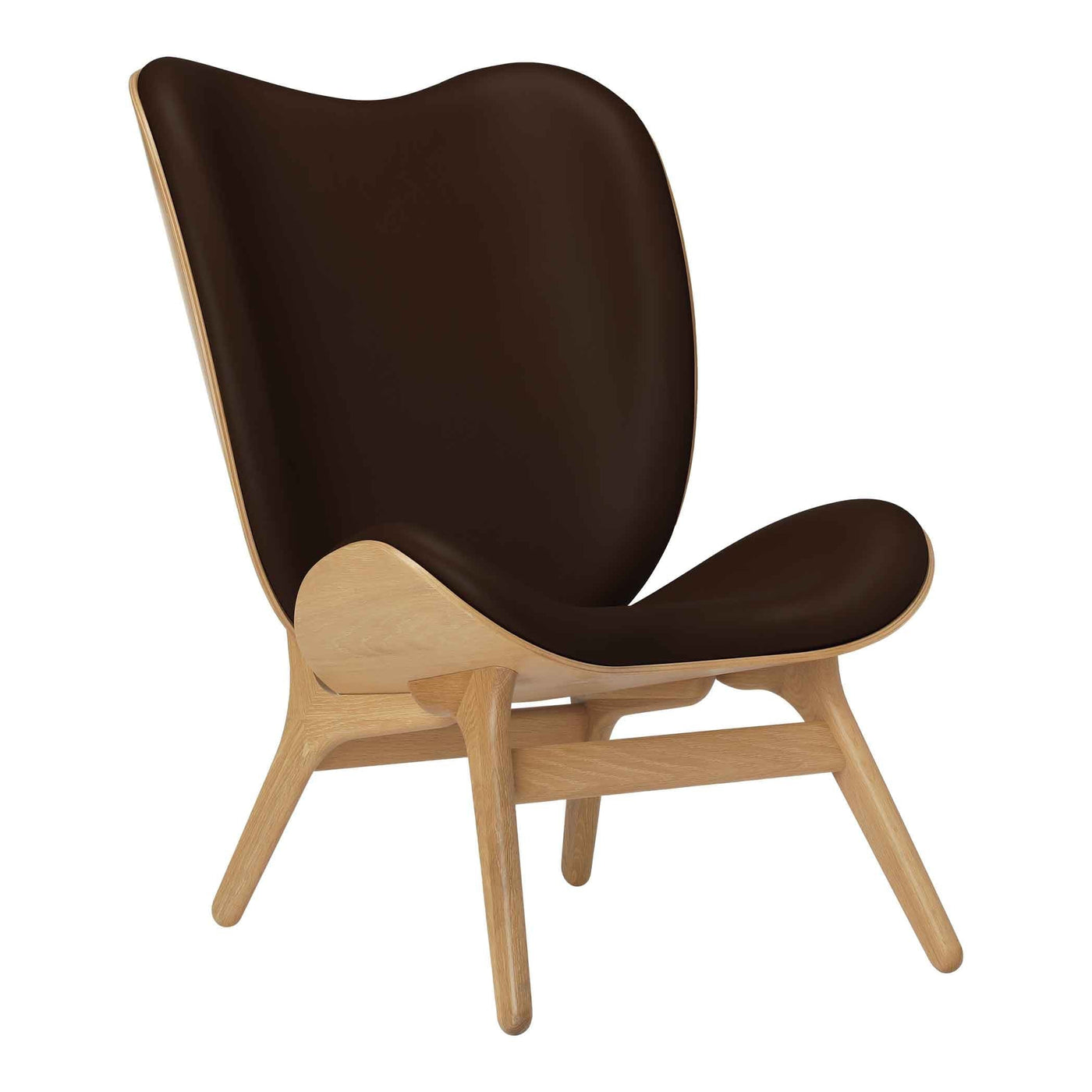 Umage A Conversation Piece Tall, fauteuil confortable avec dossier haut, en bois et tissu, chêne, cuir brun